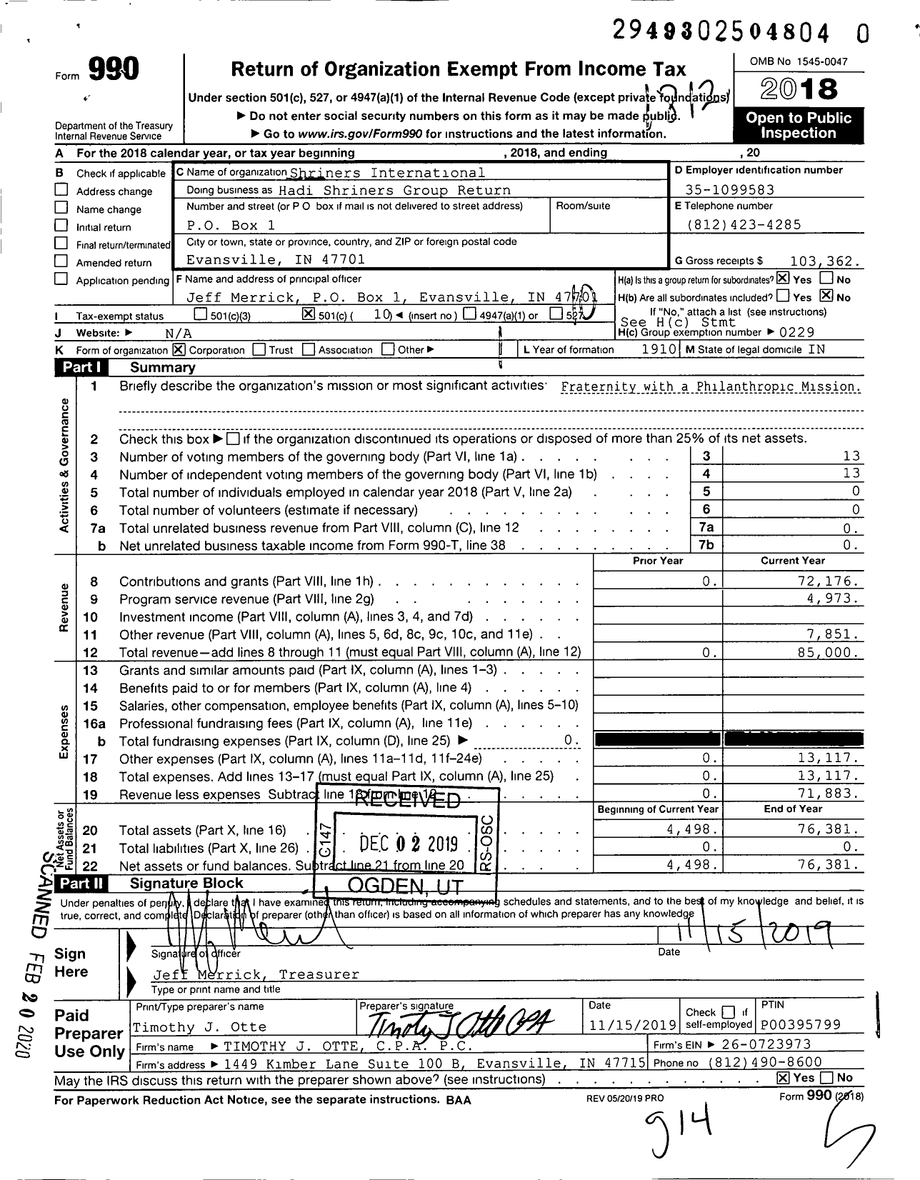 Image of first page of 2018 Form 990O for Shriners International