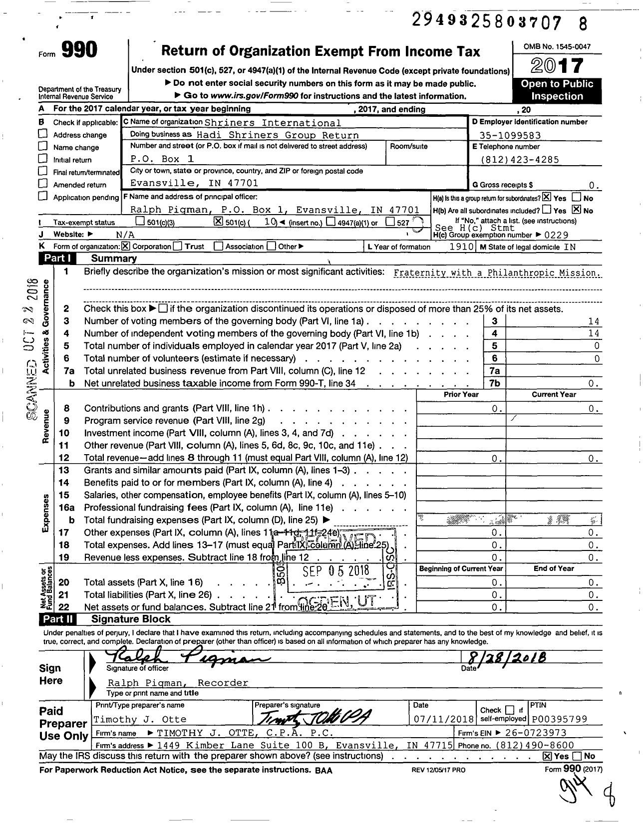 Image of first page of 2017 Form 990O for Shriners International