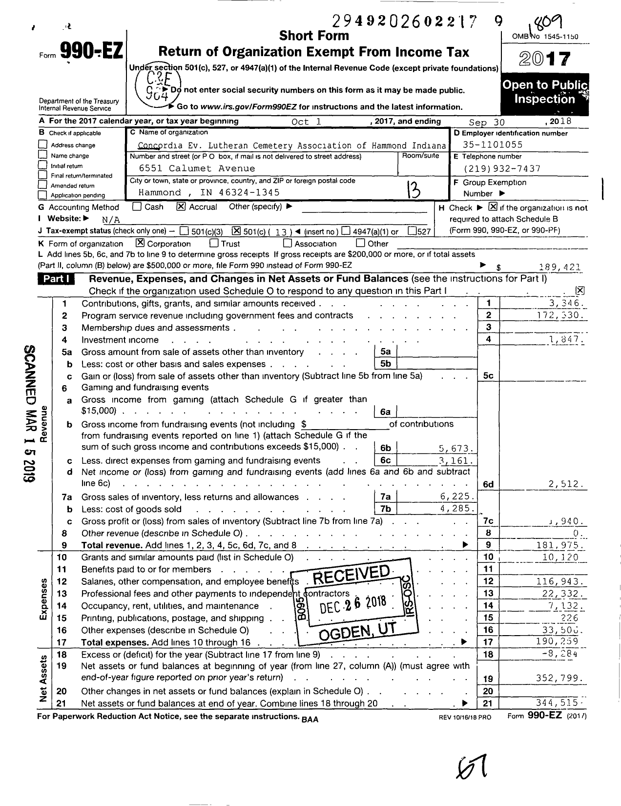 Image of first page of 2017 Form 990EO for Concordia Ev Lutheran Cemetery Association of Hammond Indiana