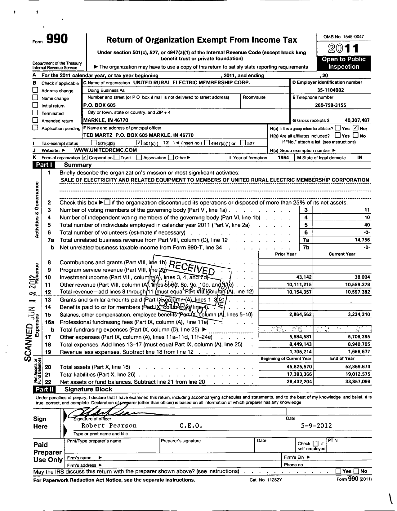 Image of first page of 2011 Form 990O for United Rural Electric Membership Corporation