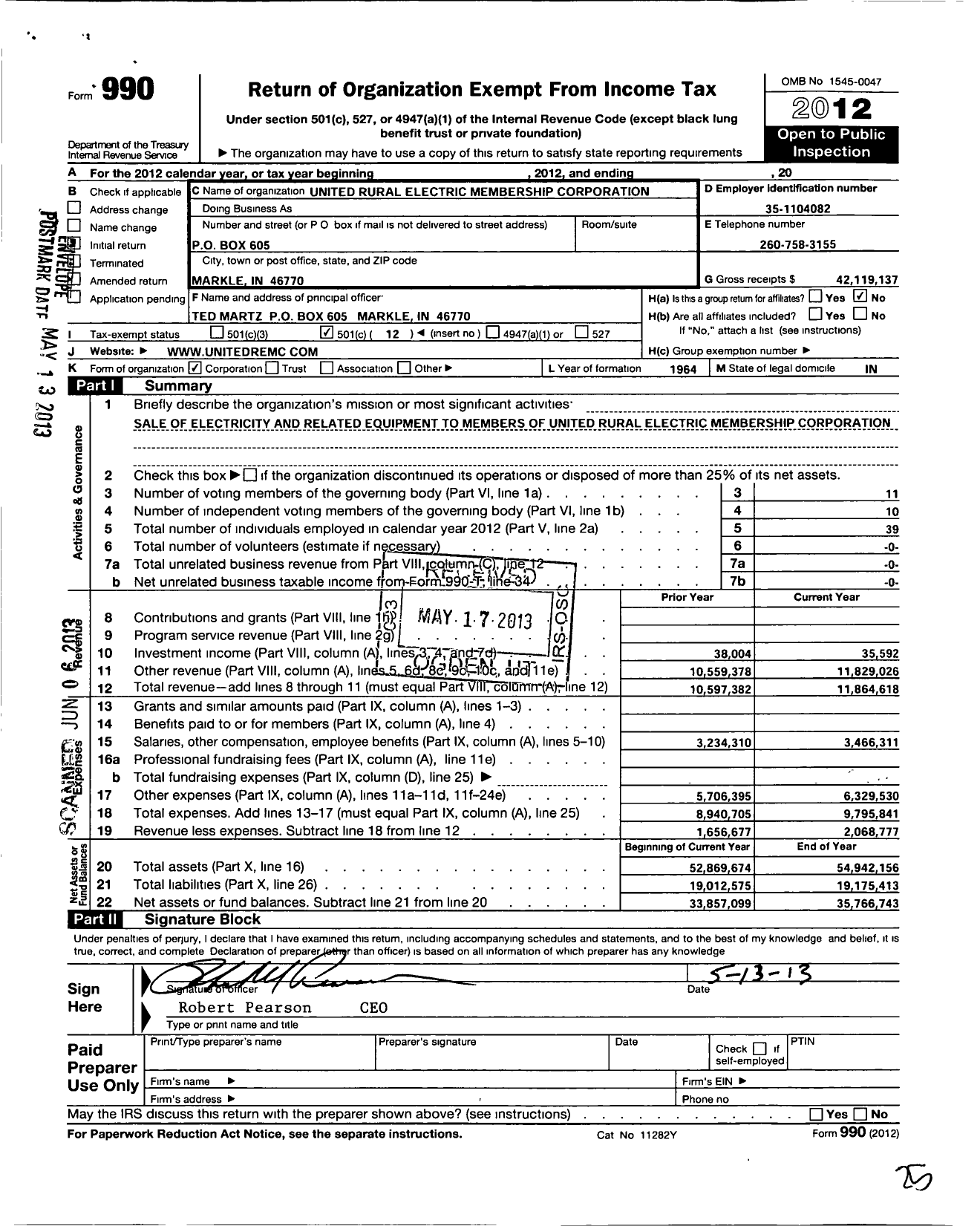 Image of first page of 2012 Form 990O for United Rural Electric Membership Corporation