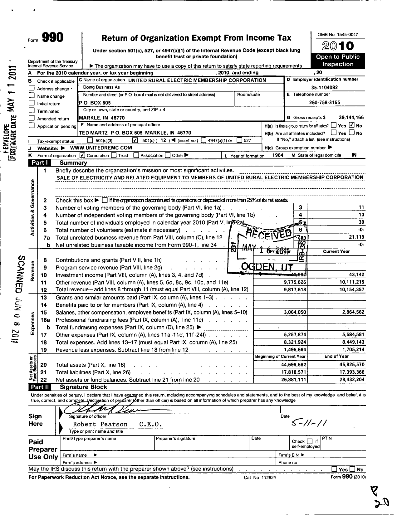 Image of first page of 2010 Form 990O for United Rural Electric Membership Corporation