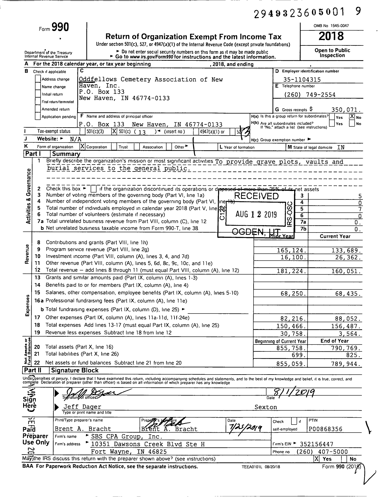 Image of first page of 2018 Form 990O for The Odd Fellows Cemetery of New Haven Indiana