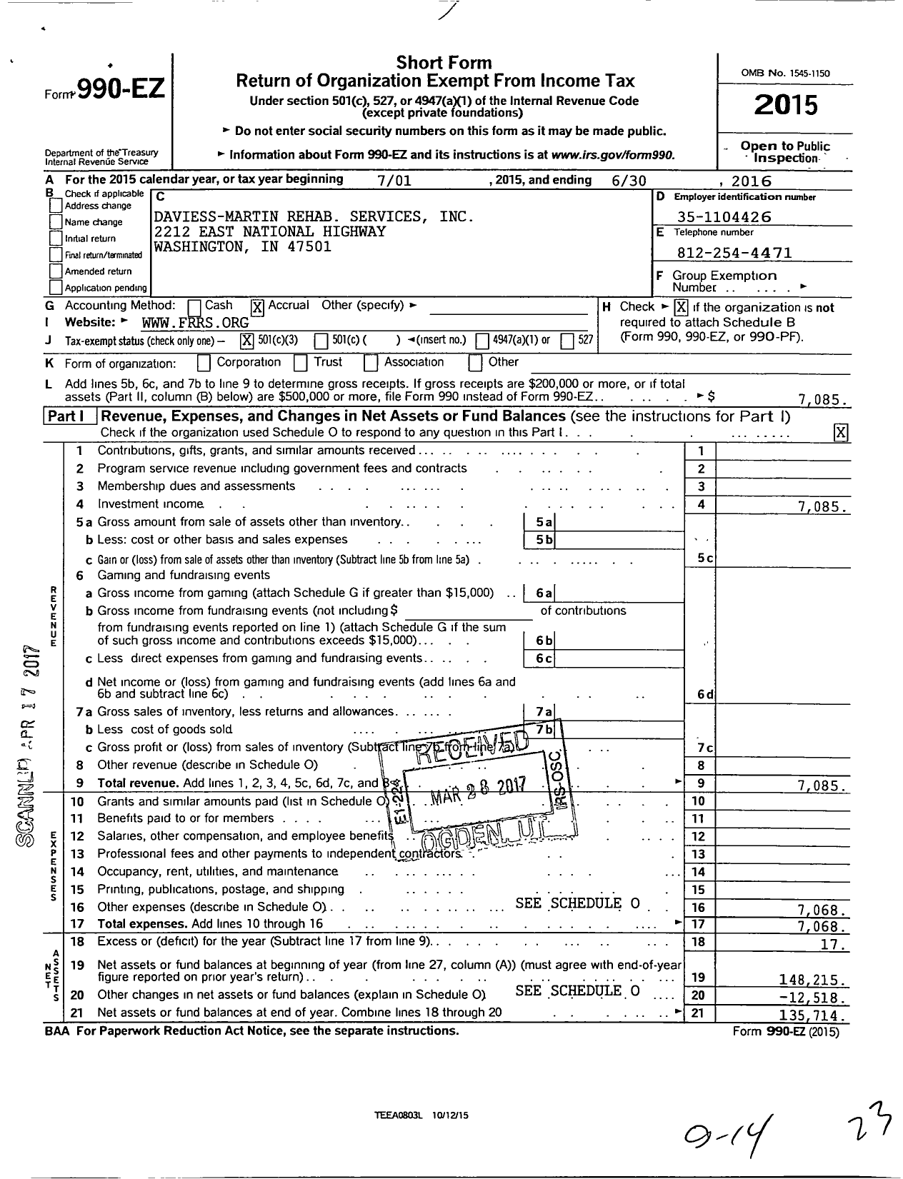 Image of first page of 2015 Form 990EZ for Daviess-Martin Rehabilitation Services