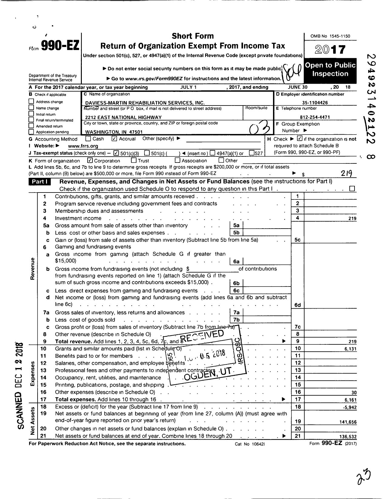 Image of first page of 2017 Form 990EZ for Daviess-Martin Rehabilitation Services