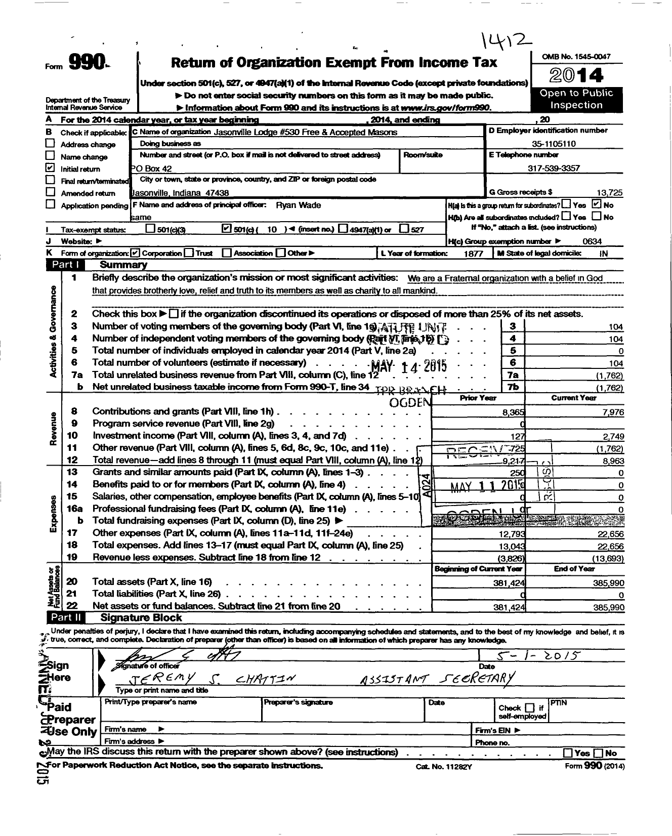 Image of first page of 2014 Form 990O for Free & Accepted Masons of Indiana - 530 Jasonville Lodge