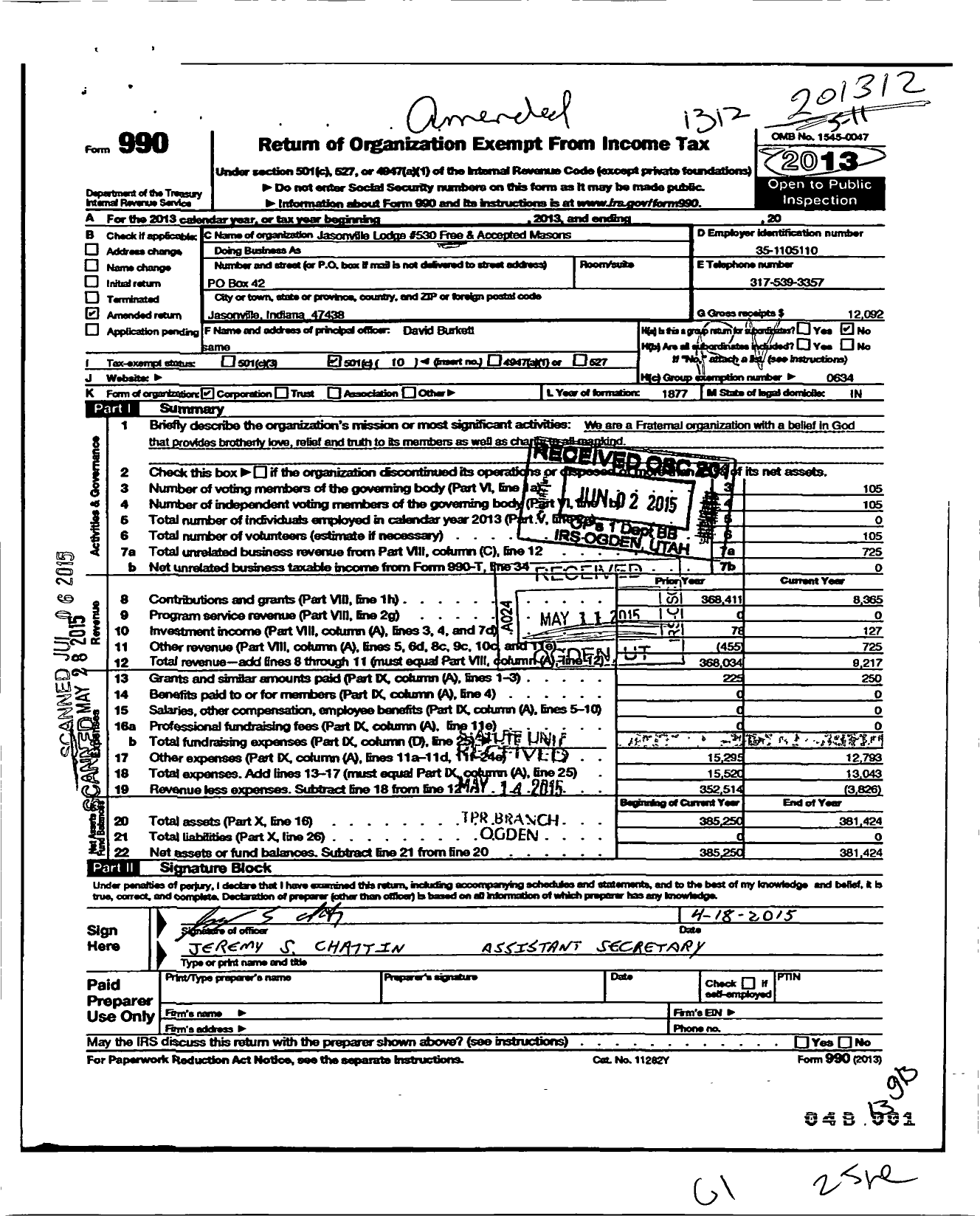 Image of first page of 2013 Form 990O for Free & Accepted Masons of Indiana - 530 Jasonville Lodge