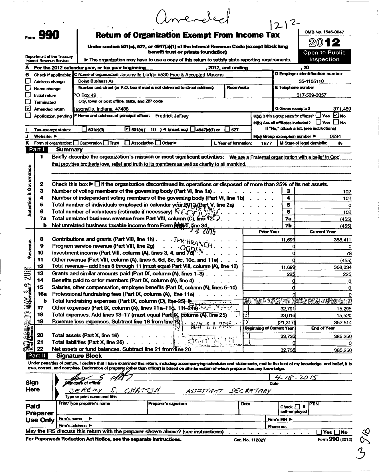 Image of first page of 2012 Form 990O for Free & Accepted Masons of Indiana - 530 Jasonville Lodge