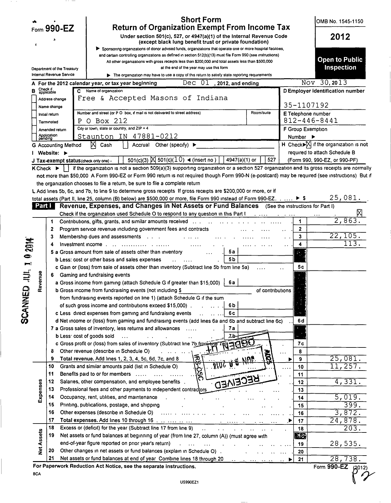 Image of first page of 2012 Form 990EO for Free & Accepted Masons of Indiana - 687 West Terre Haute