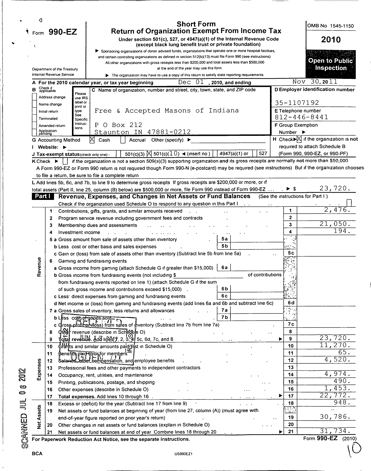 Image of first page of 2010 Form 990EO for Free & Accepted Masons of Indiana - 687 West Terre Haute