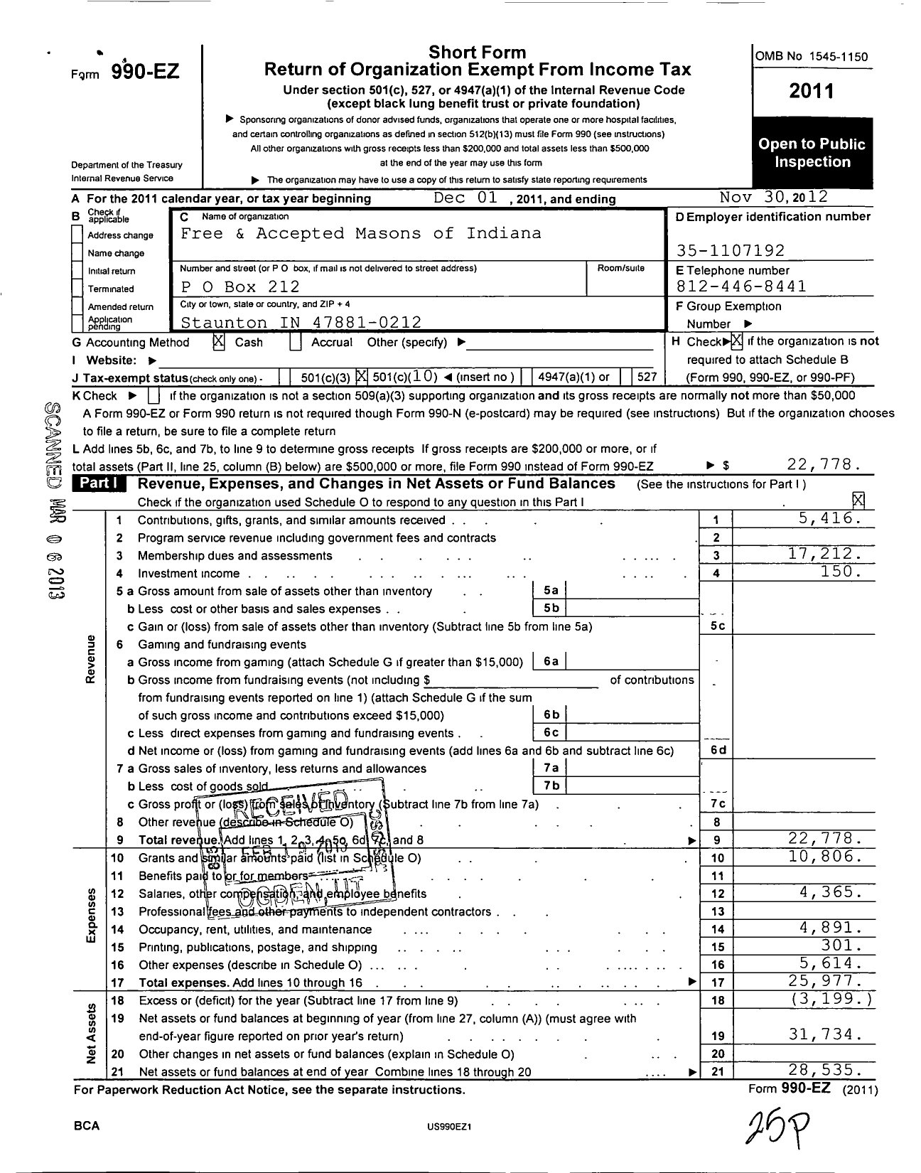 Image of first page of 2011 Form 990EO for Free & Accepted Masons of Indiana - 687 West Terre Haute