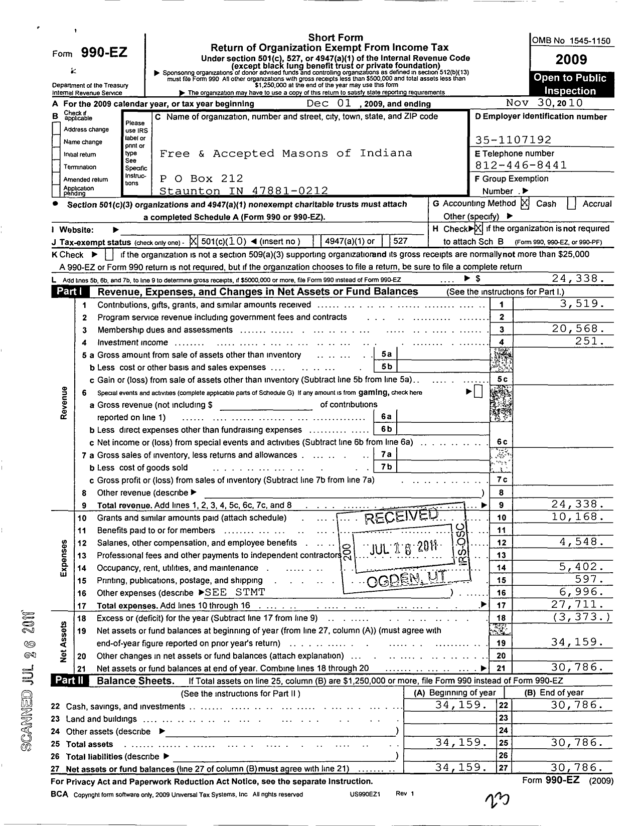 Image of first page of 2009 Form 990EO for Free & Accepted Masons of Indiana - 687 West Terre Haute