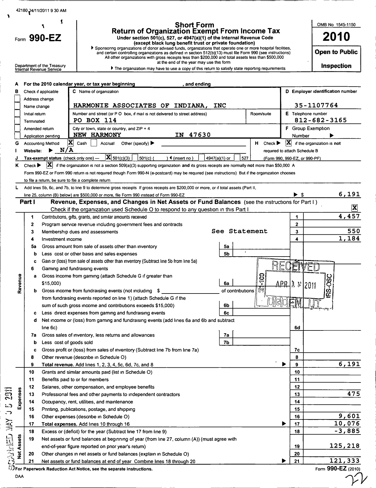 Image of first page of 2010 Form 990EZ for Harmonie Associates of Indiana