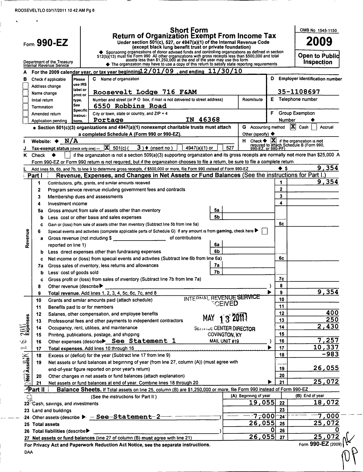 Image of first page of 2009 Form 990EZ for Free & Accepted Masons of Indiana - 716 Roosevelt Lodge