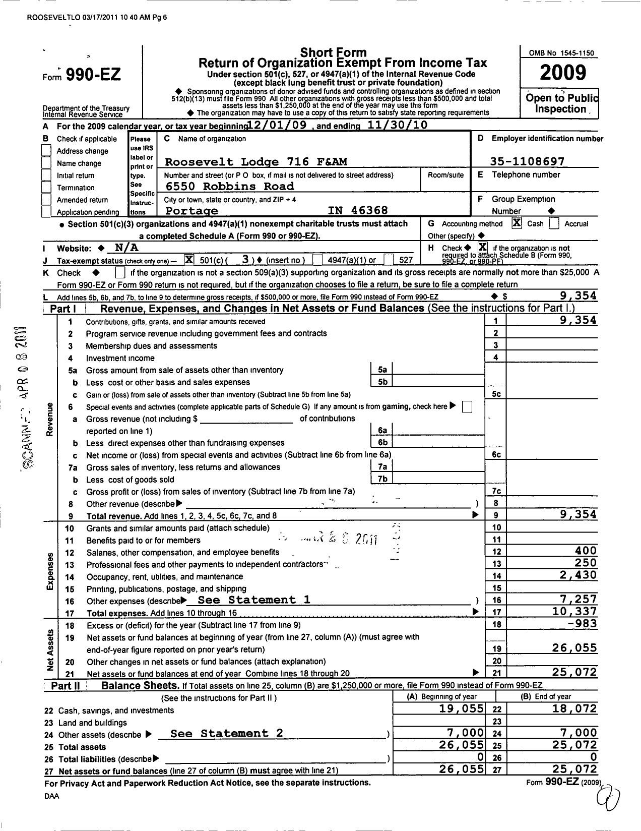 Image of first page of 2009 Form 990EZ for Free & Accepted Masons of Indiana - 716 Roosevelt Lodge