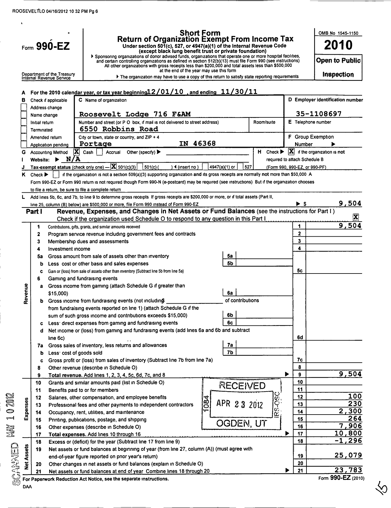 Image of first page of 2010 Form 990EZ for Free & Accepted Masons of Indiana - 716 Roosevelt Lodge