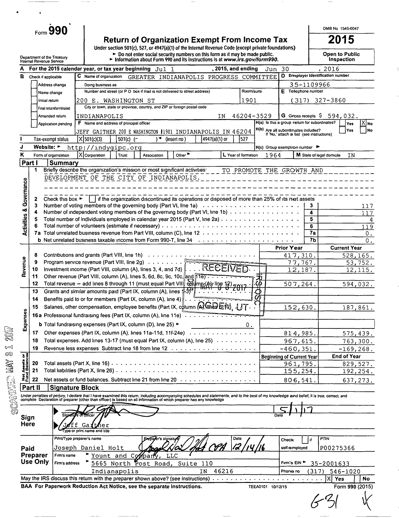 Image of first page of 2015 Form 990 for Greater Indianapolis Progress Committee