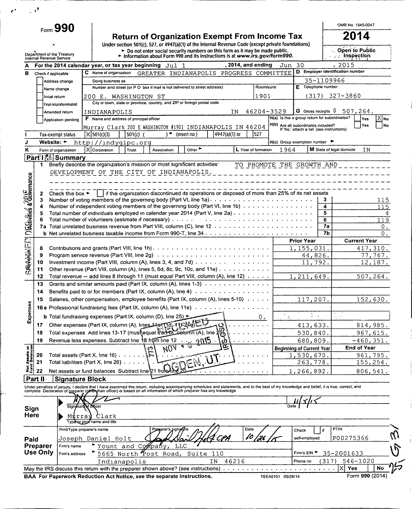 Image of first page of 2014 Form 990 for Greater Indianapolis Progress Committee