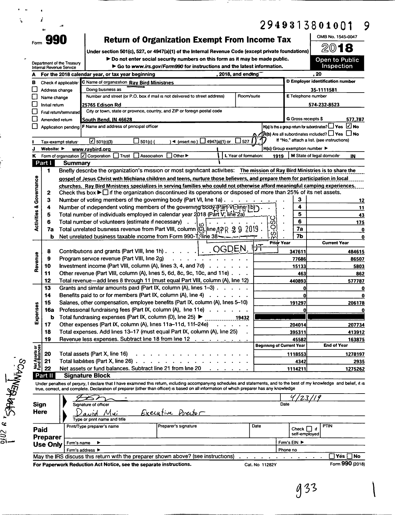 Image of first page of 2018 Form 990 for Ray Bird Ministries