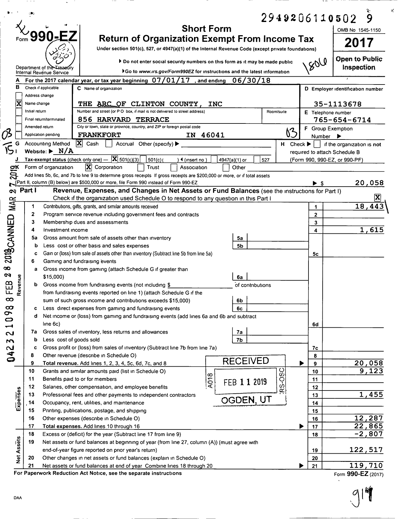 Image of first page of 2017 Form 990EZ for The Arc of Clinton County