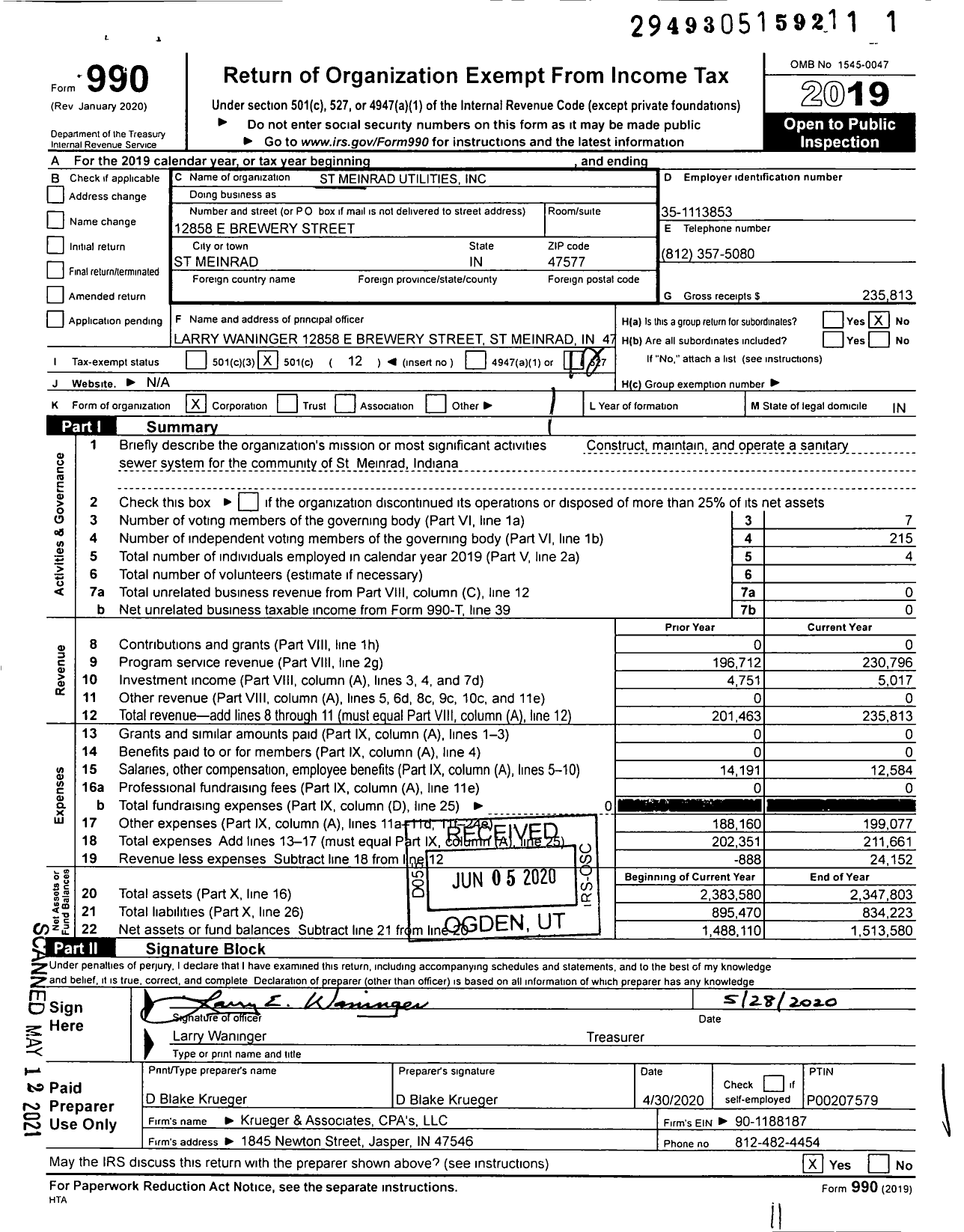 Image of first page of 2019 Form 990O for St Meinrad Utilities