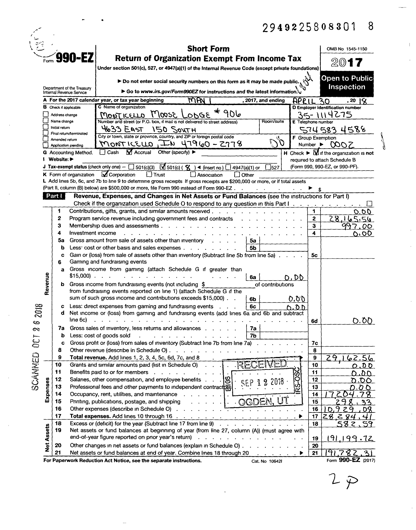 Image of first page of 2017 Form 990EO for Loyal Order of Moose - 906