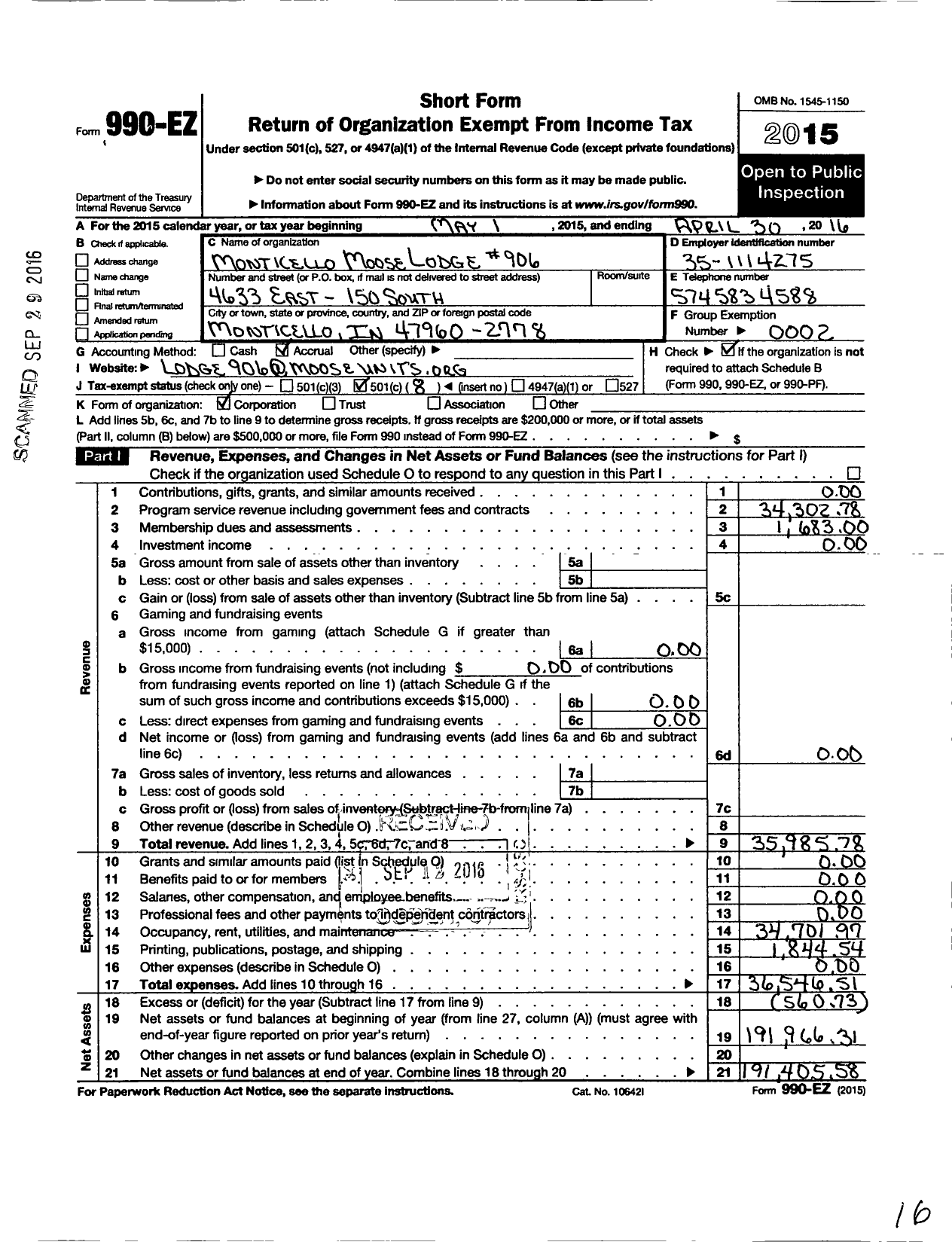 Image of first page of 2015 Form 990EO for Loyal Order of Moose - 906