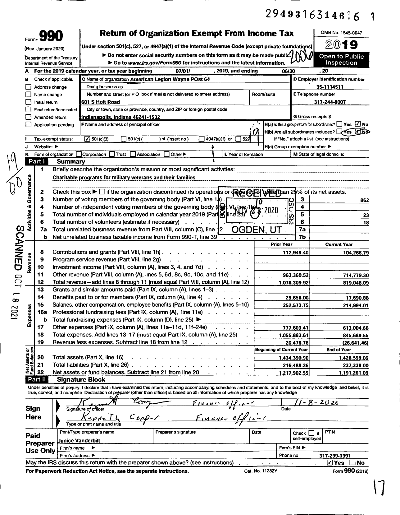 Image of first page of 2019 Form 990O for AMERICAN LEGION - 0064 Kenneth N Dowden-Wayne