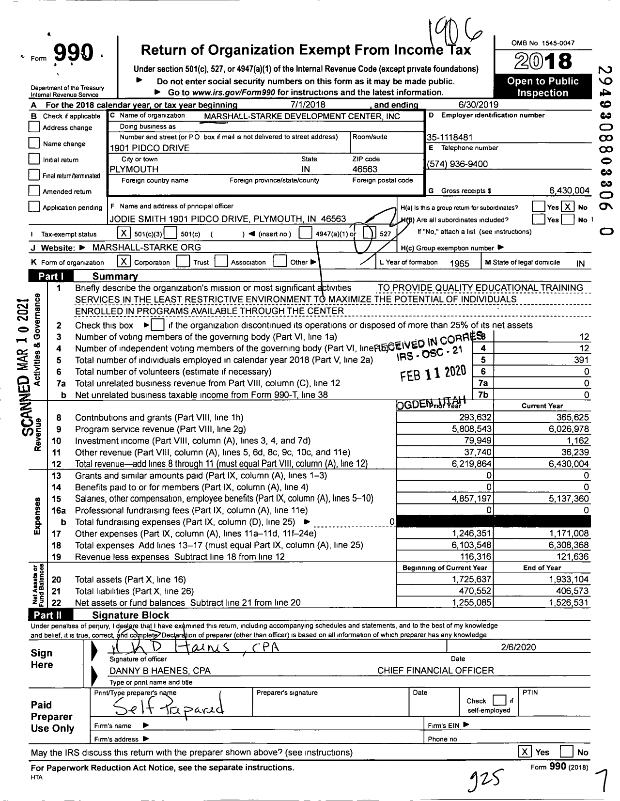 Image of first page of 2018 Form 990 for Marshall-Starke Development Center (MSDC)