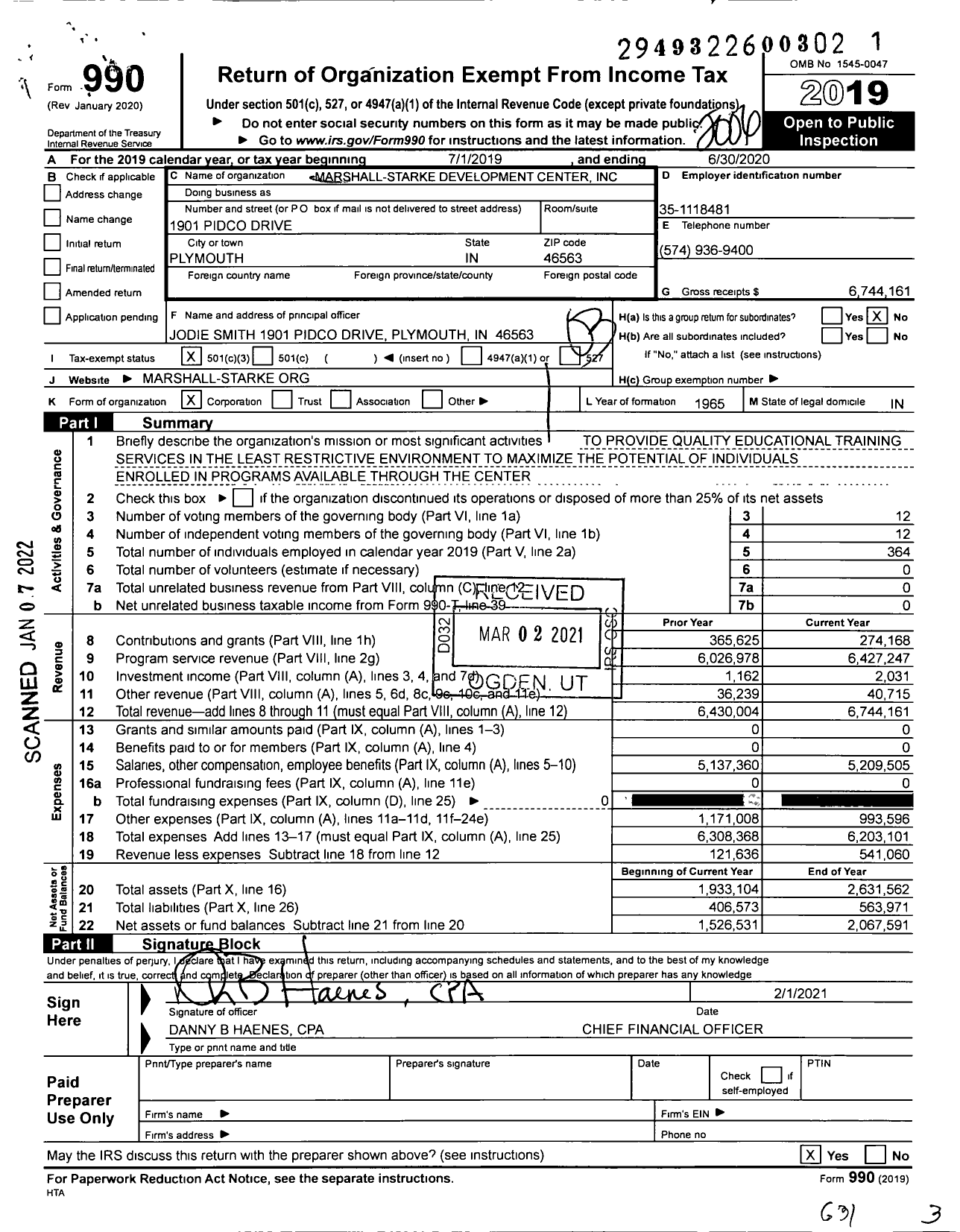 Image of first page of 2019 Form 990 for Marshall-Starke Development Center (MSDC)