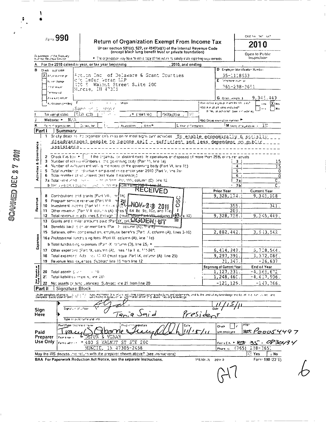 Image of first page of 2010 Form 990 for Action of Delaware and Grant Counties