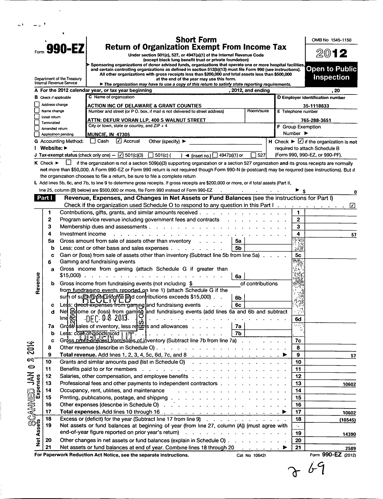 Image of first page of 2012 Form 990EZ for Action of Delaware and Grant Counties