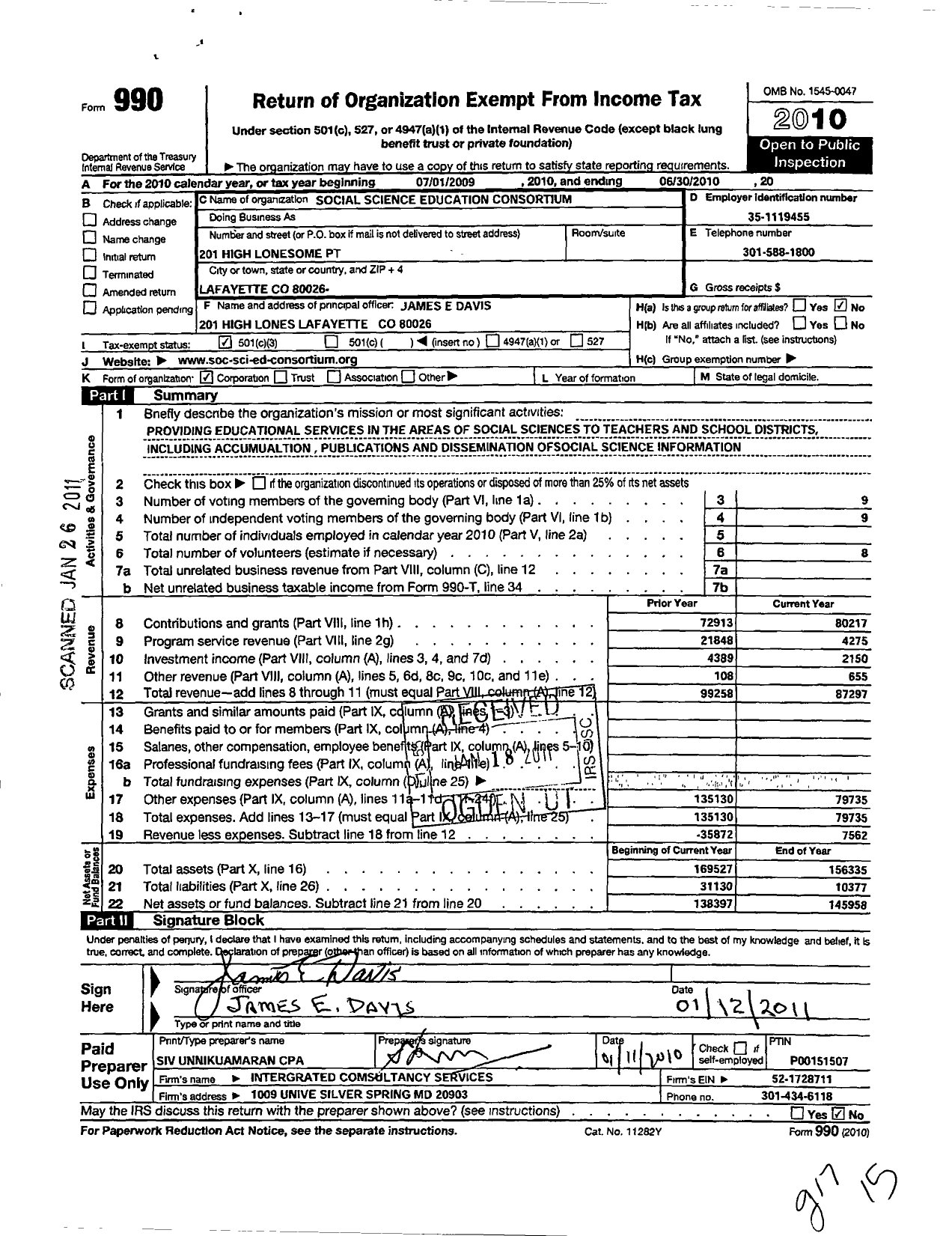 Image of first page of 2009 Form 990O for Social Science Education Consortium