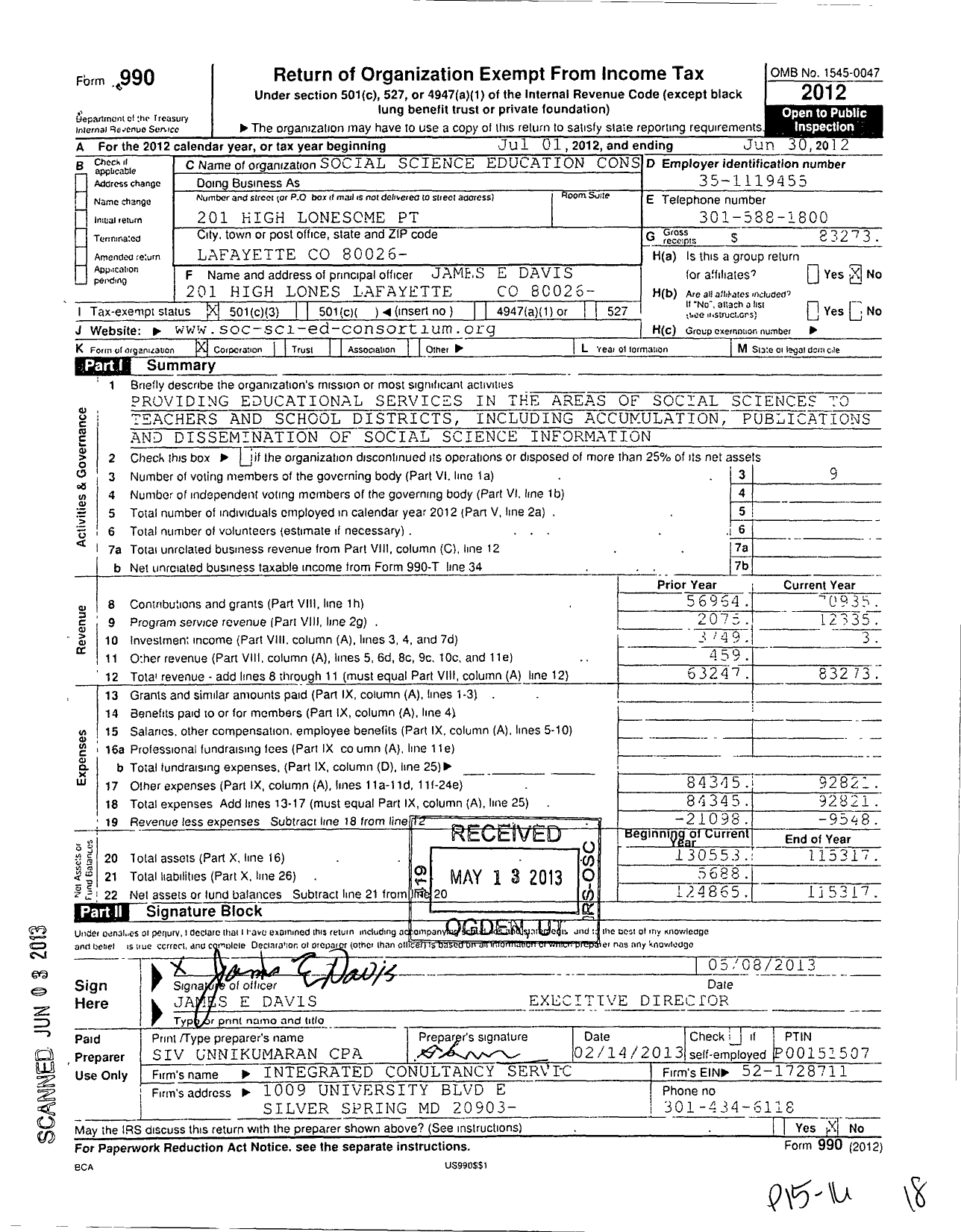 Image of first page of 2011 Form 990 for Social Science Education Consortium