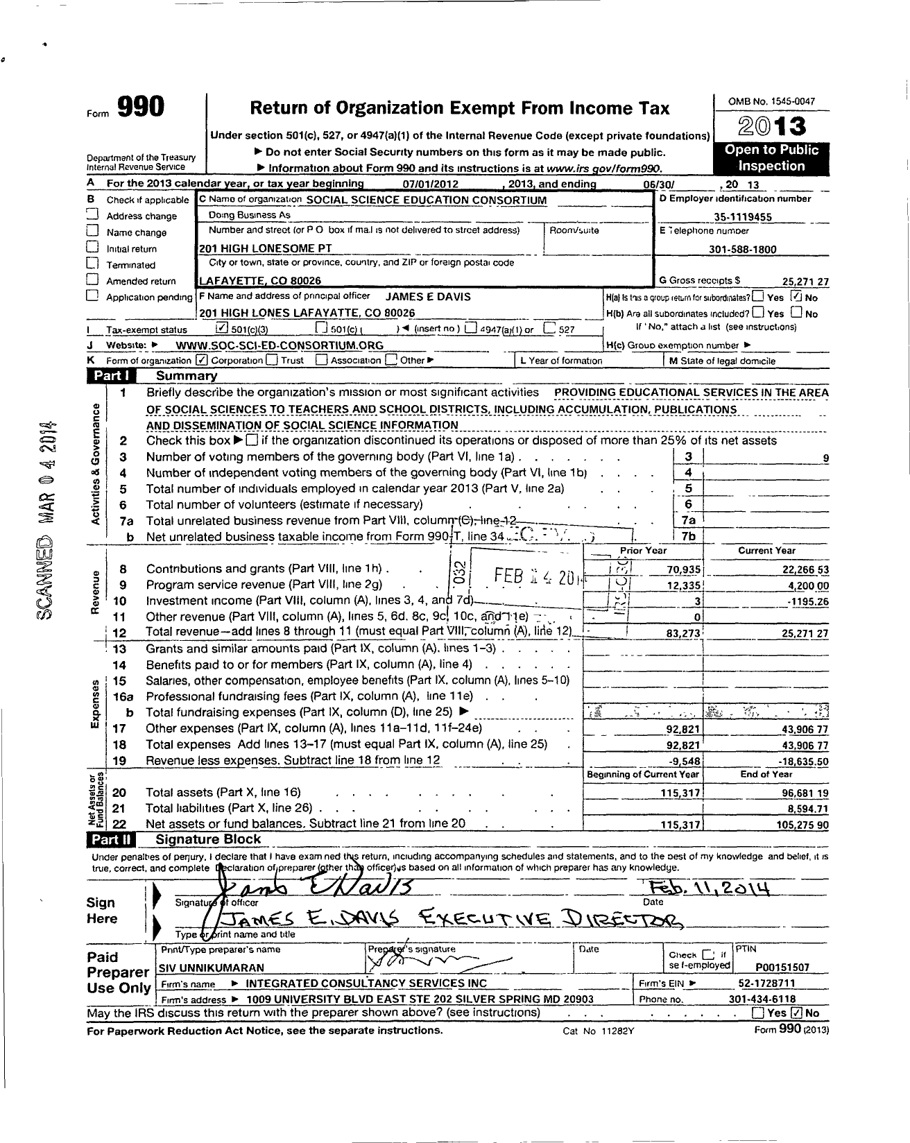 Image of first page of 2012 Form 990 for Social Science Education Consortium