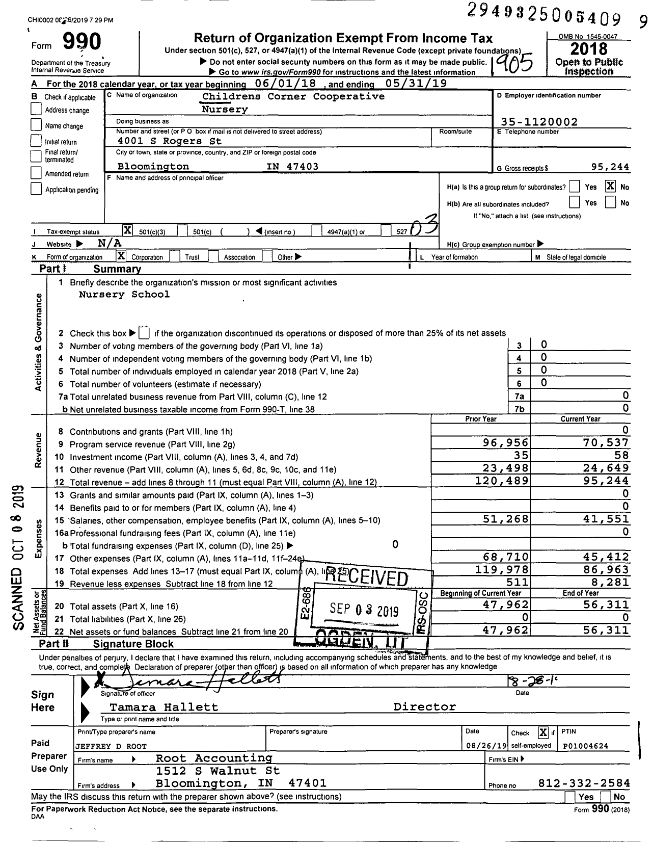 Image of first page of 2018 Form 990 for Childrens Corner Cooperative Nursery