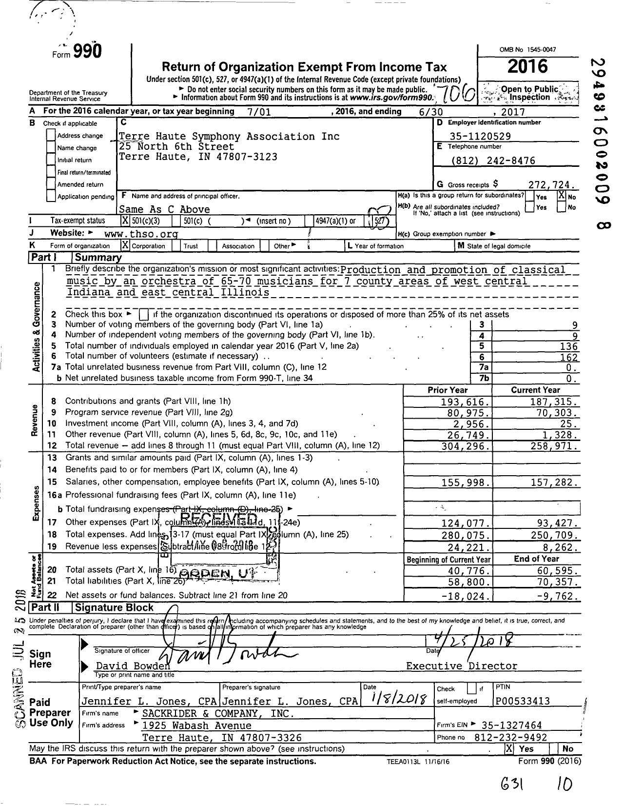 Image of first page of 2016 Form 990 for Terre Haute Symphony Association