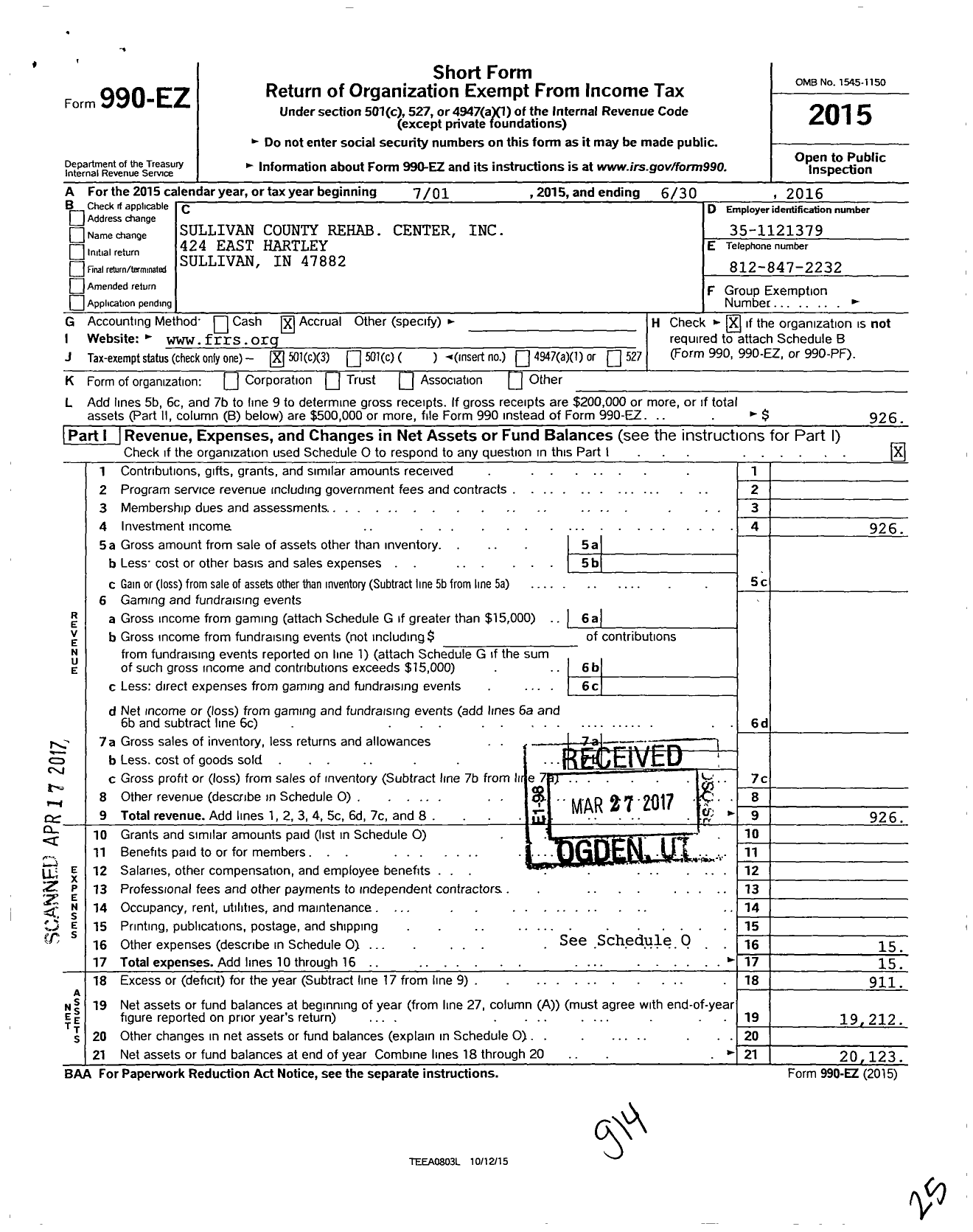 Image of first page of 2015 Form 990EZ for Sullivan County Area Rehabilitation Center