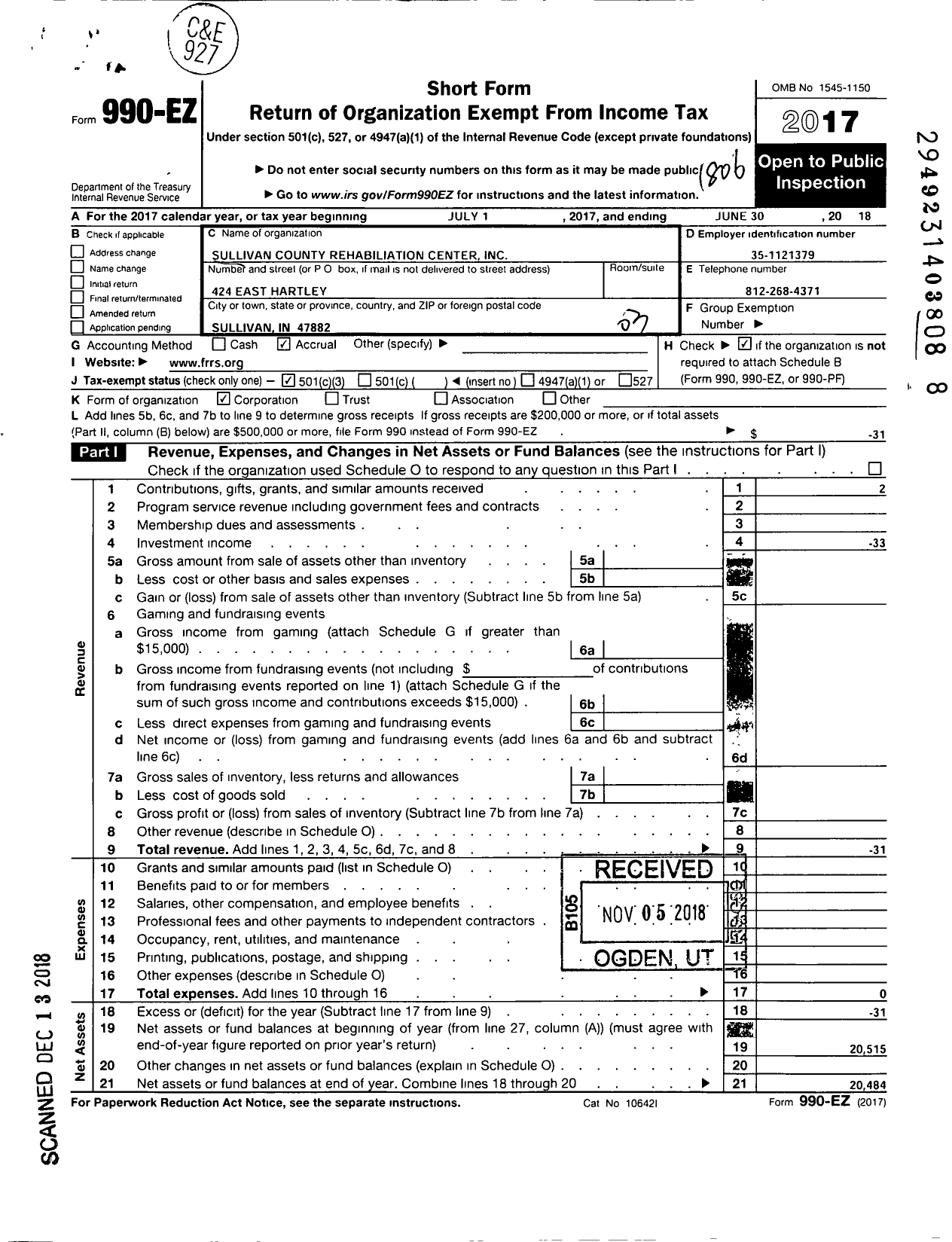 Image of first page of 2017 Form 990EZ for Sullivan County Area Rehabilitation Center