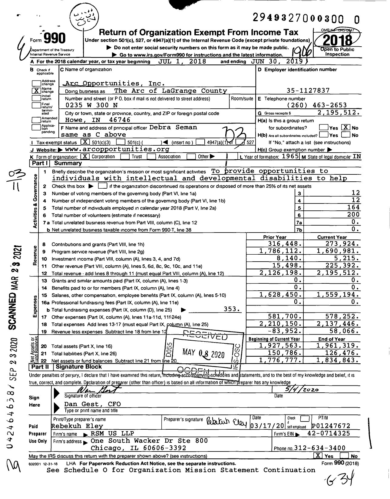 Image of first page of 2018 Form 990 for The Arc of LaGrange County