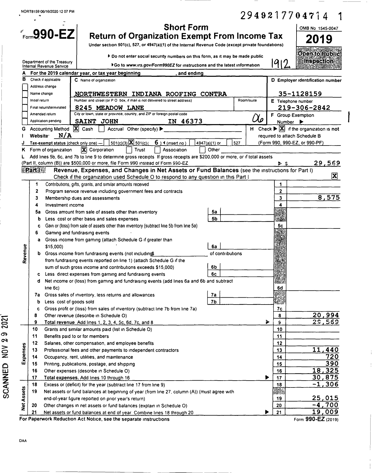 Image of first page of 2019 Form 990EO for Northwestern Indiana Roofing Contractors