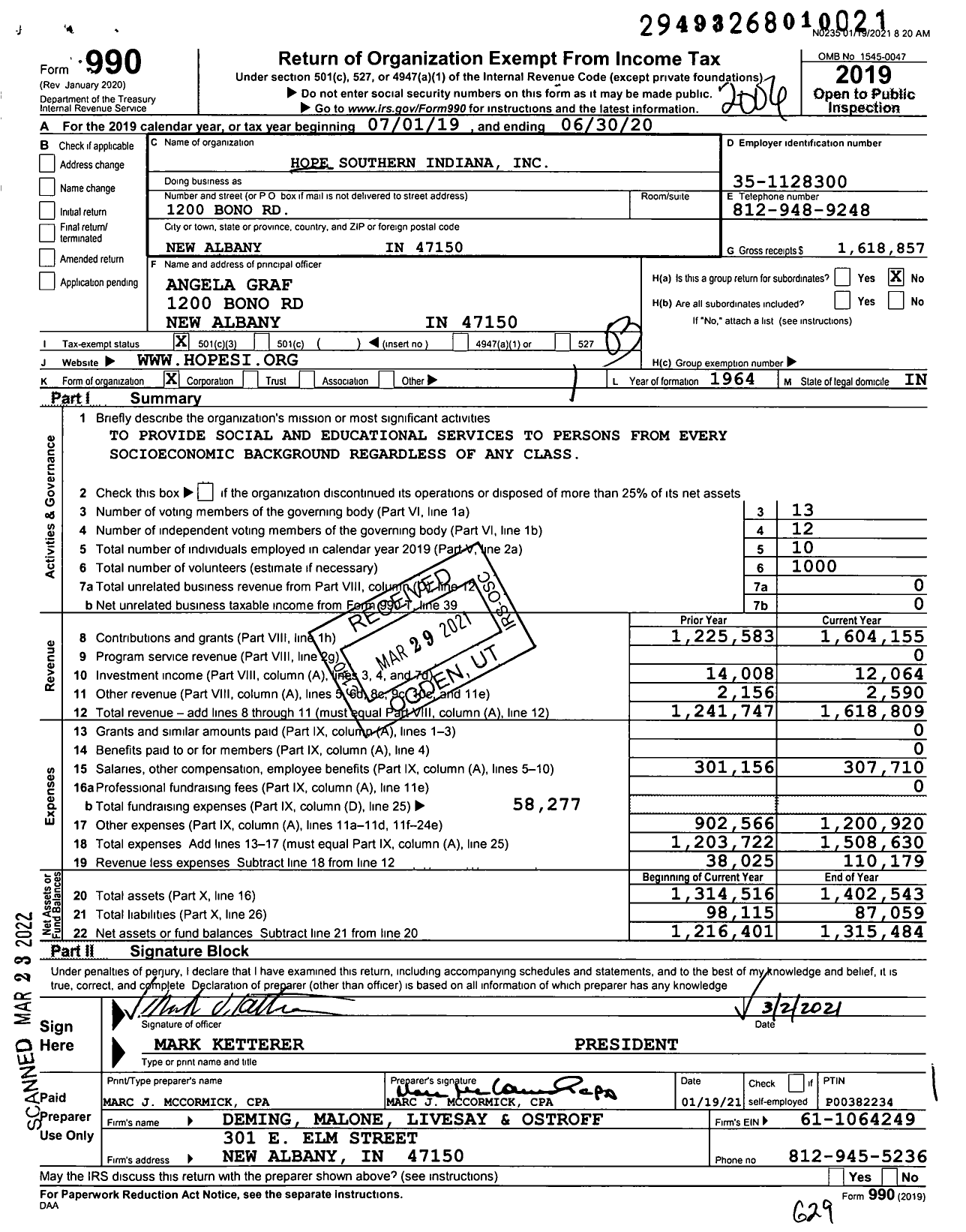 Image of first page of 2019 Form 990 for Hope Southern Indiana