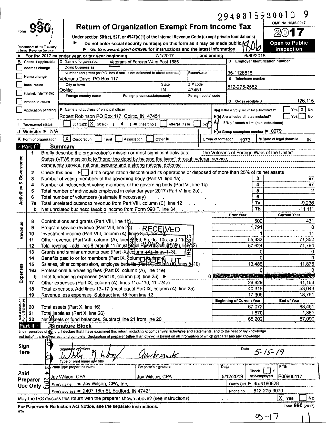 Image of first page of 2017 Form 990O for VFW Department of Indiana - 1686 Vfw-Ind Limestone