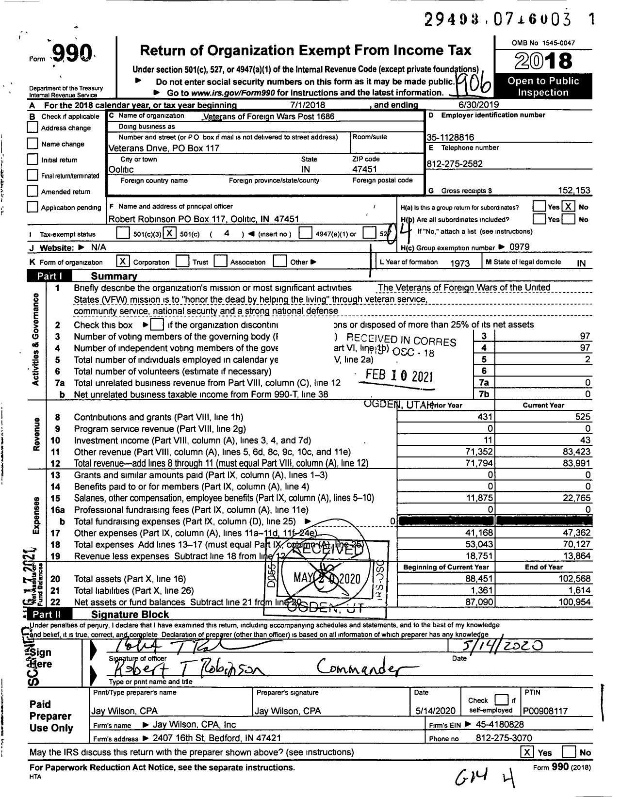 Image of first page of 2018 Form 990O for VFW Department of Indiana - 1686 Vfw-Ind Limestone