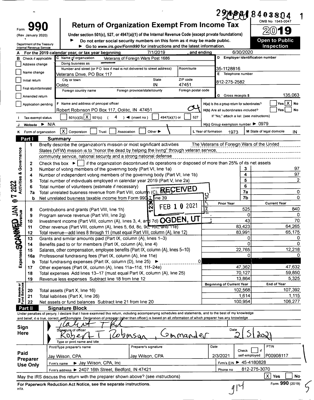 Image of first page of 2019 Form 990O for VFW Department of Indiana - 1686 Vfw-Ind Limestone