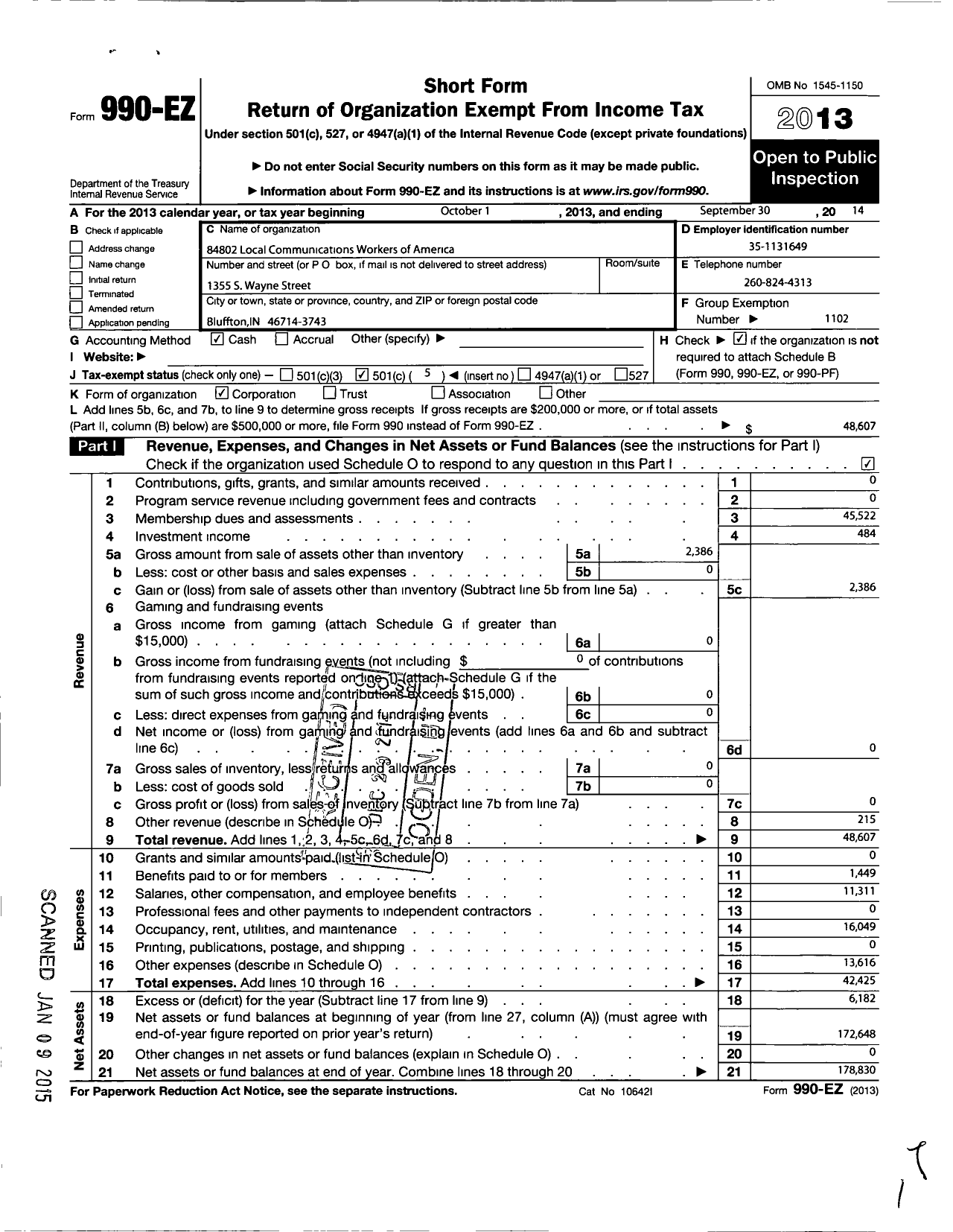 Image of first page of 2013 Form 990EO for Communications Workers of America - 84802 Local