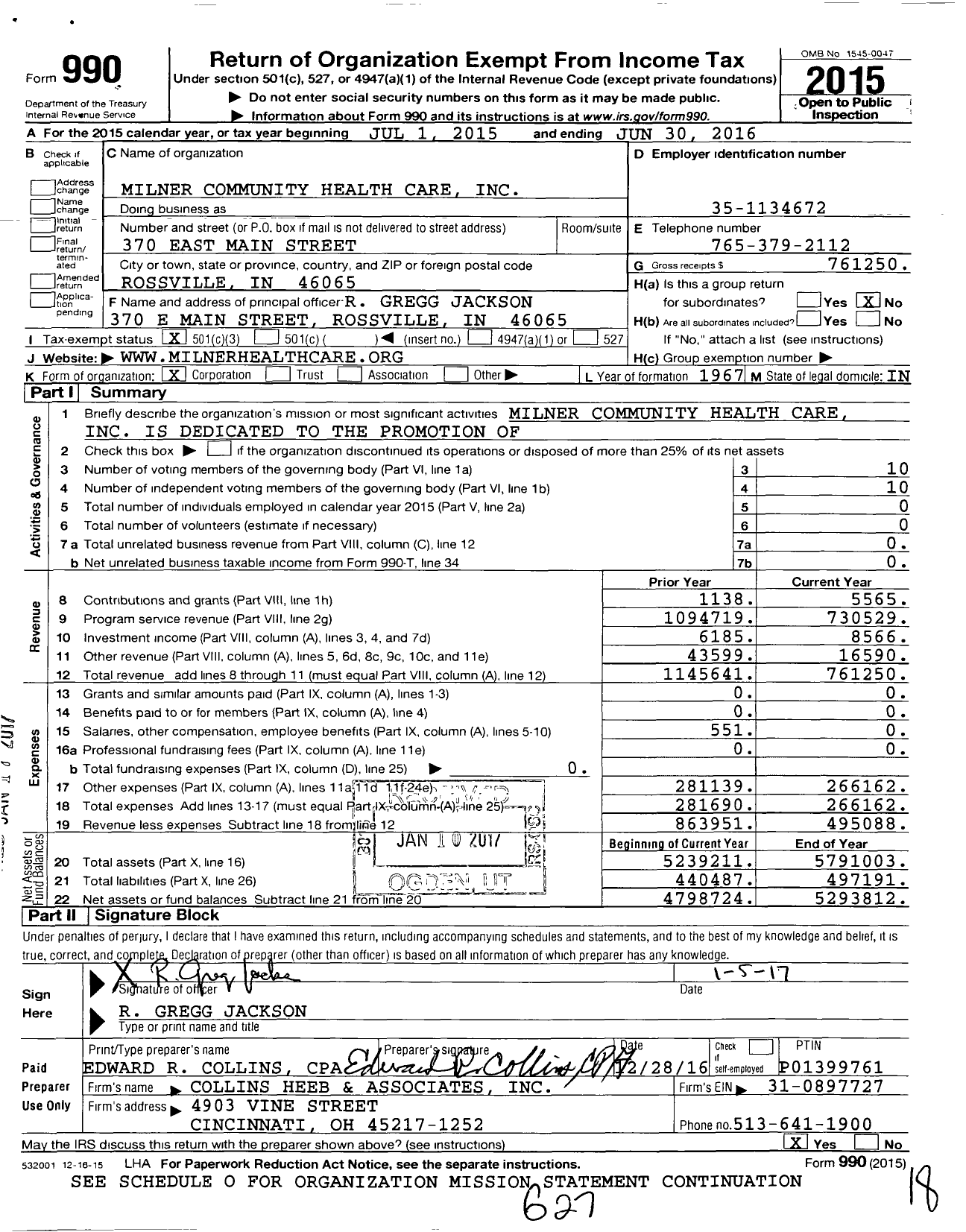 Image of first page of 2015 Form 990 for Milner Community Health Care