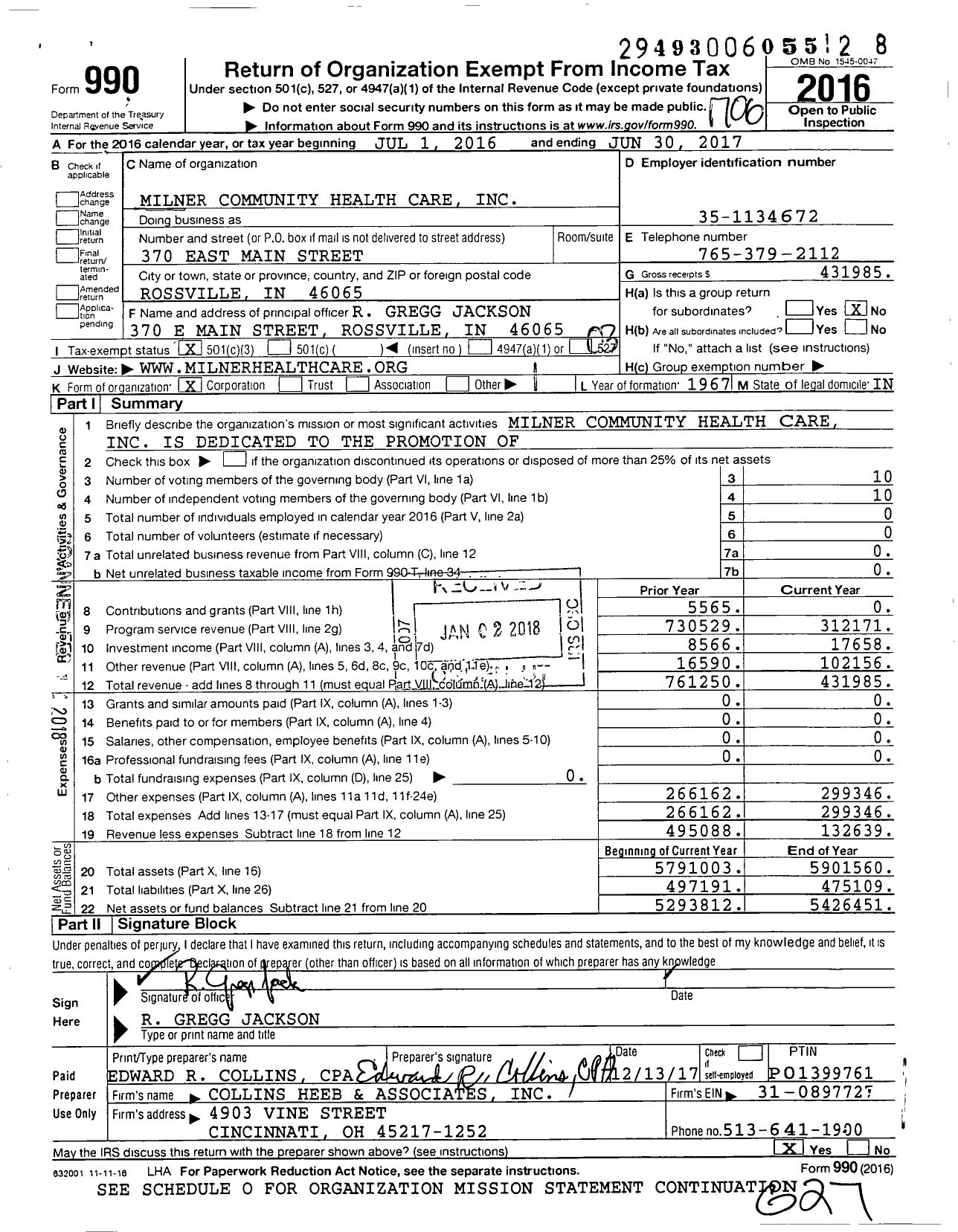 Image of first page of 2016 Form 990 for Milner Community Health Care