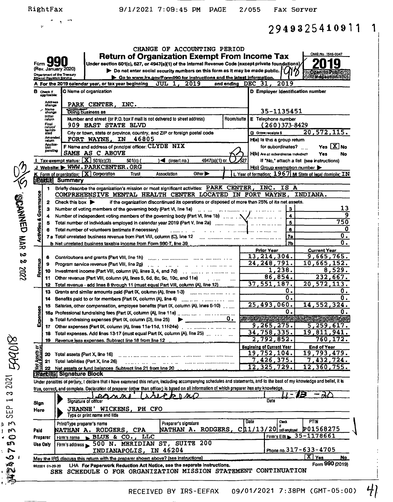 Image of first page of 2019 Form 990 for Park Center / Rick Henvey