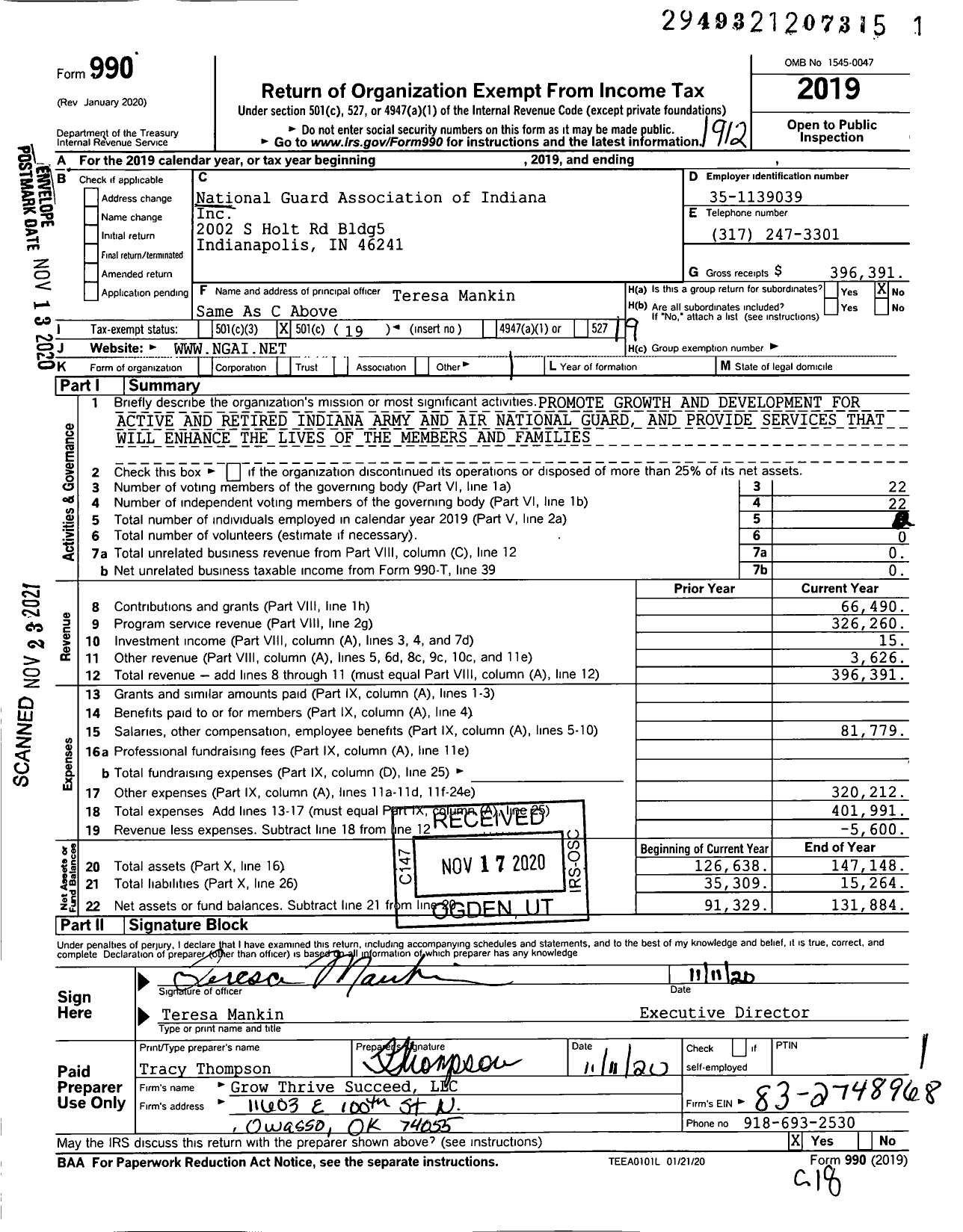 Image of first page of 2019 Form 990O for National Guard Association of Indiana